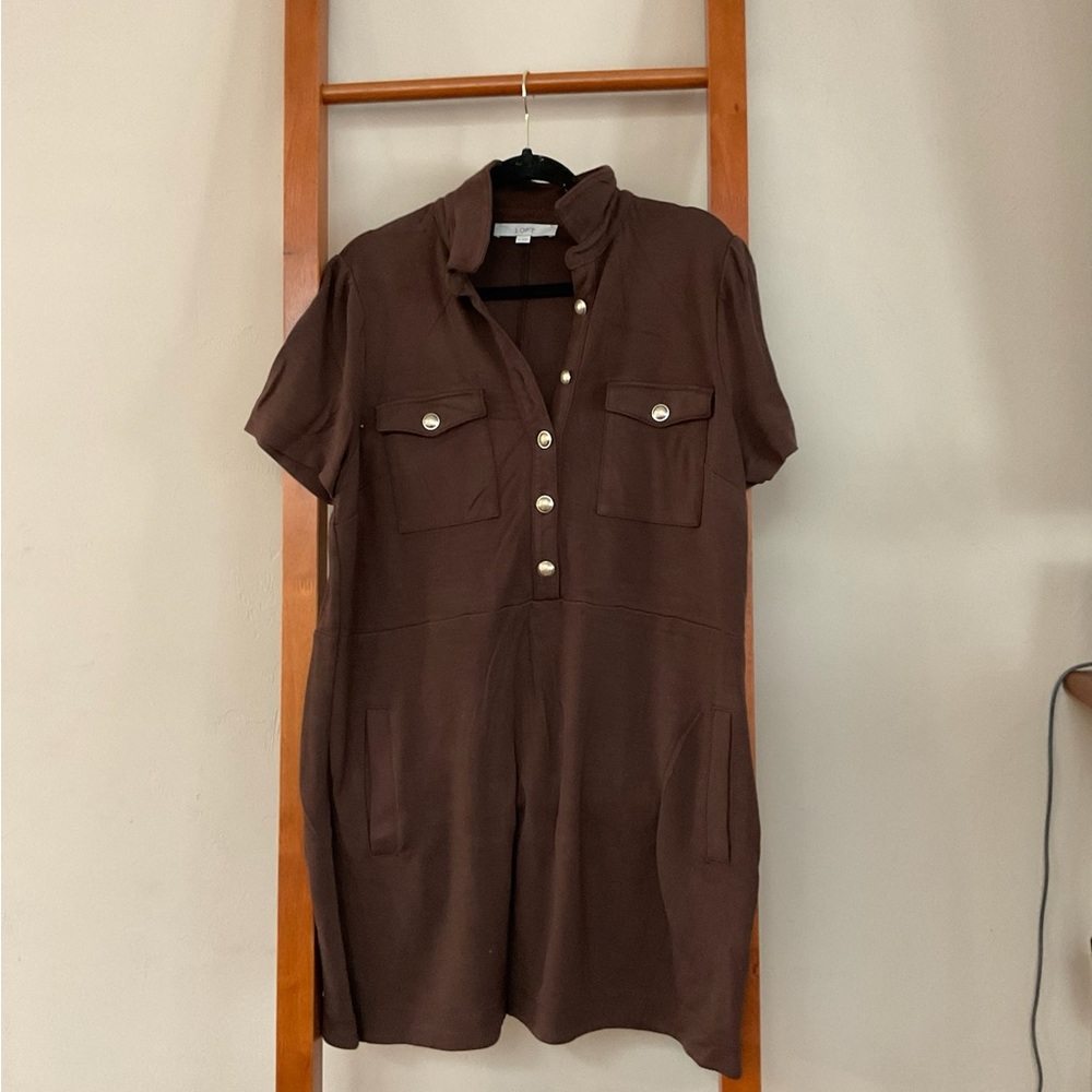 Brown Short Sleeve Button-Up Dress